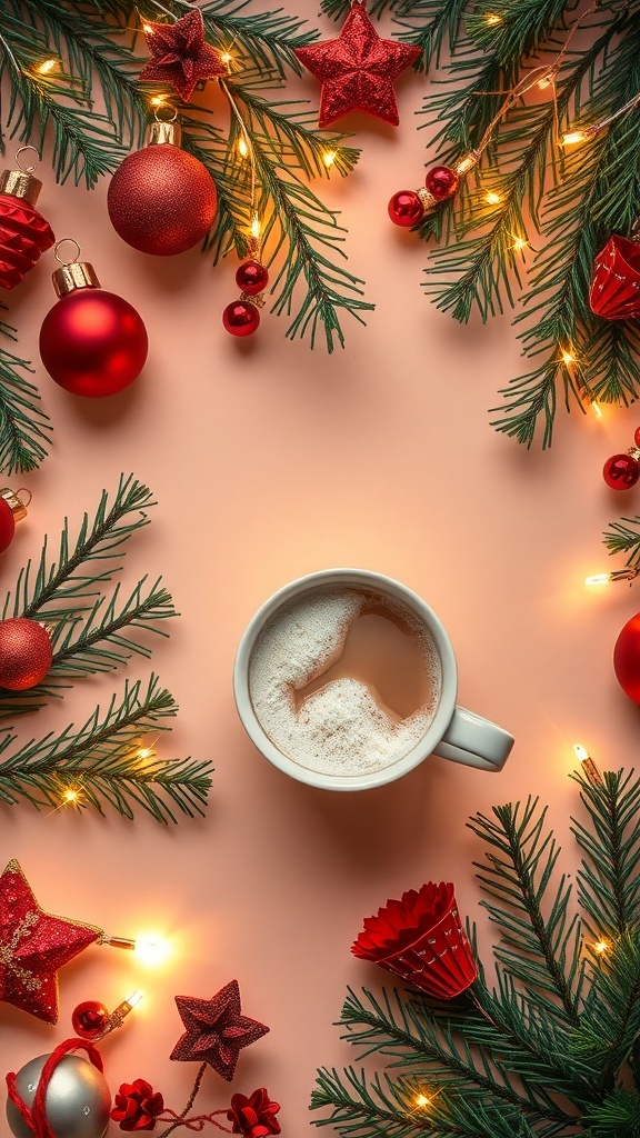 Festive Christmas Aesthetic for Instagram A flat lay of Christmas decorations and a mug of hot cocoa, creating a warm festive aesthetic.